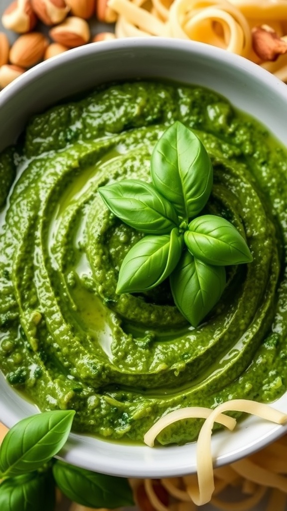 A bowl of homemade vegan pesto with fresh basil and pine nuts, alongside a serving of pasta.